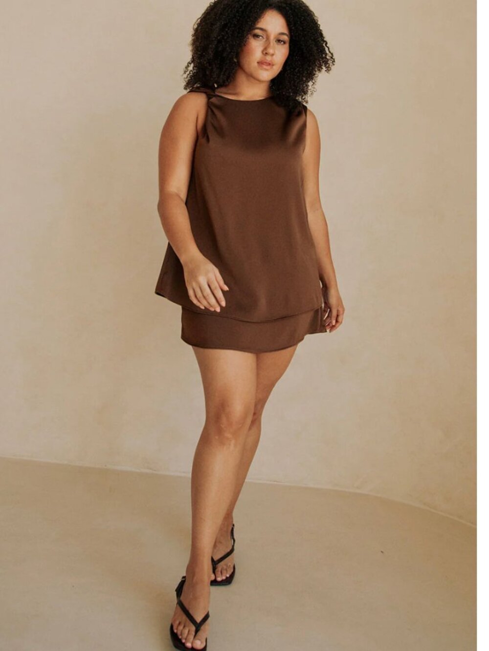 Satin Mini Dress in Chocolate Brown - Sleek Sleeveless Design